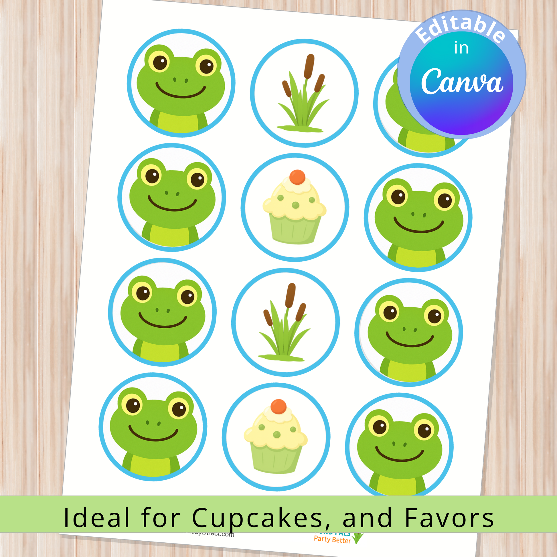 Sheet of green frog stickers with cupcake and grass illustrations on a white background.