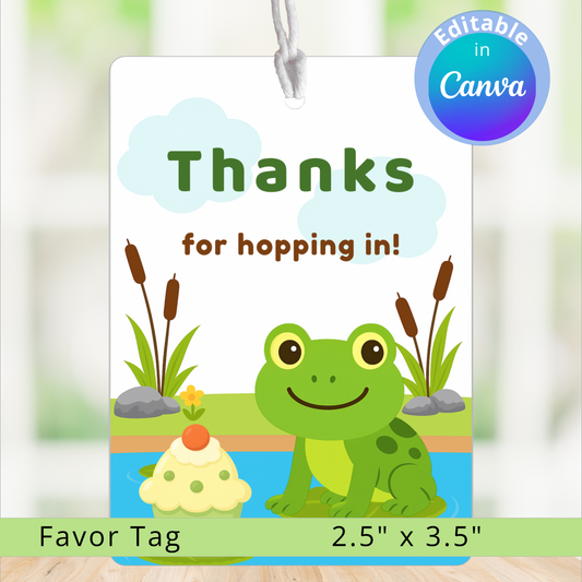 Favor tag with a frog design and text 'Thanks for hopping in!' on a white background.