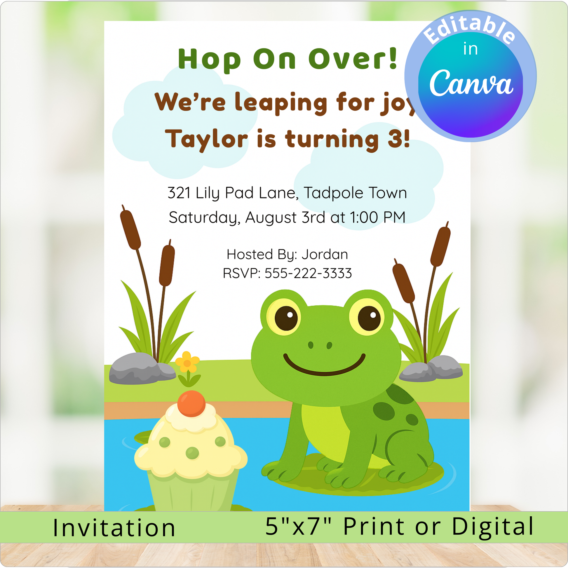 Children's birthday invitation with a frog and cupcake design, featuring editable text in Canva.