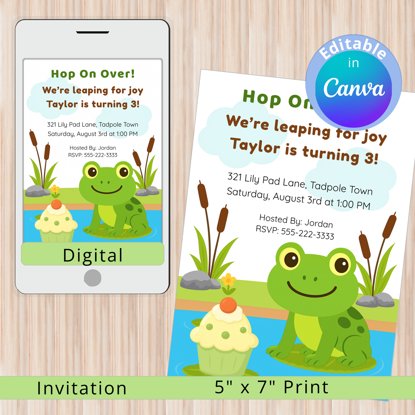 Frog-themed birthday invitation on a smartphone and paper with 'Canva' branding.