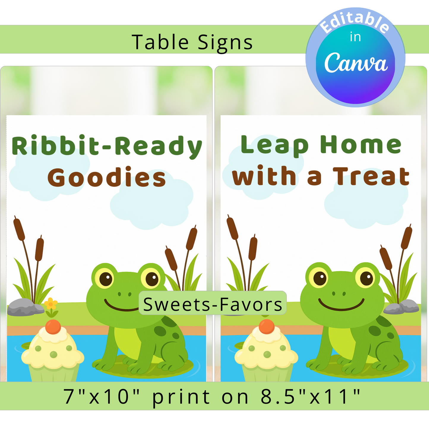 Two frog-themed table signs with text and graphics on a green border.