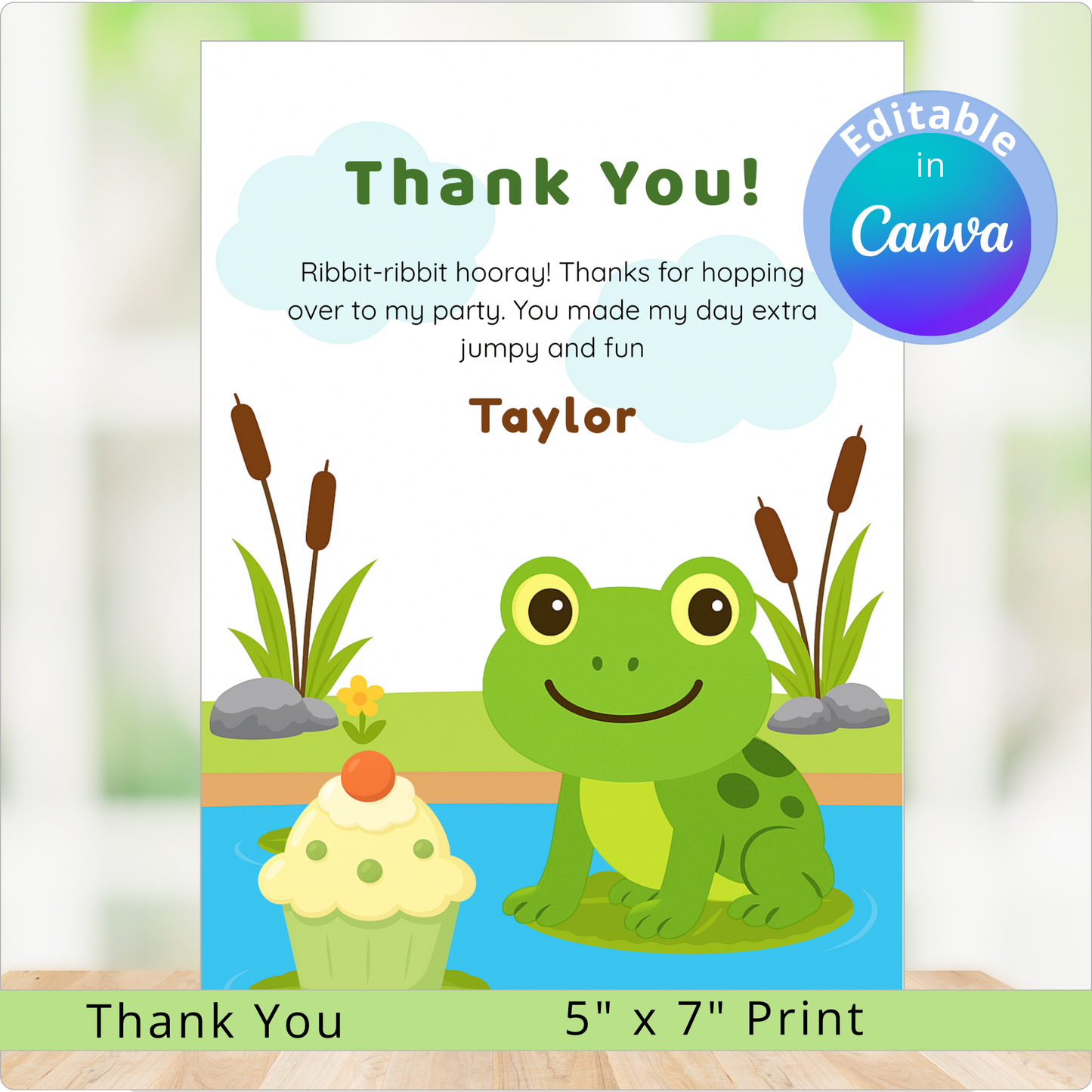 Children's thank you card with a frog and cupcake design, featuring editable text in Canva.