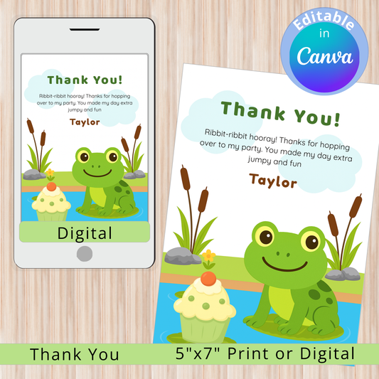 Frog-themed thank you card with digital and print options on a wooden surface.