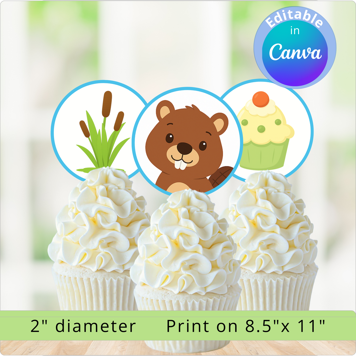 Three cupcakes with white frosting and a bear character on a label with Canva branding.