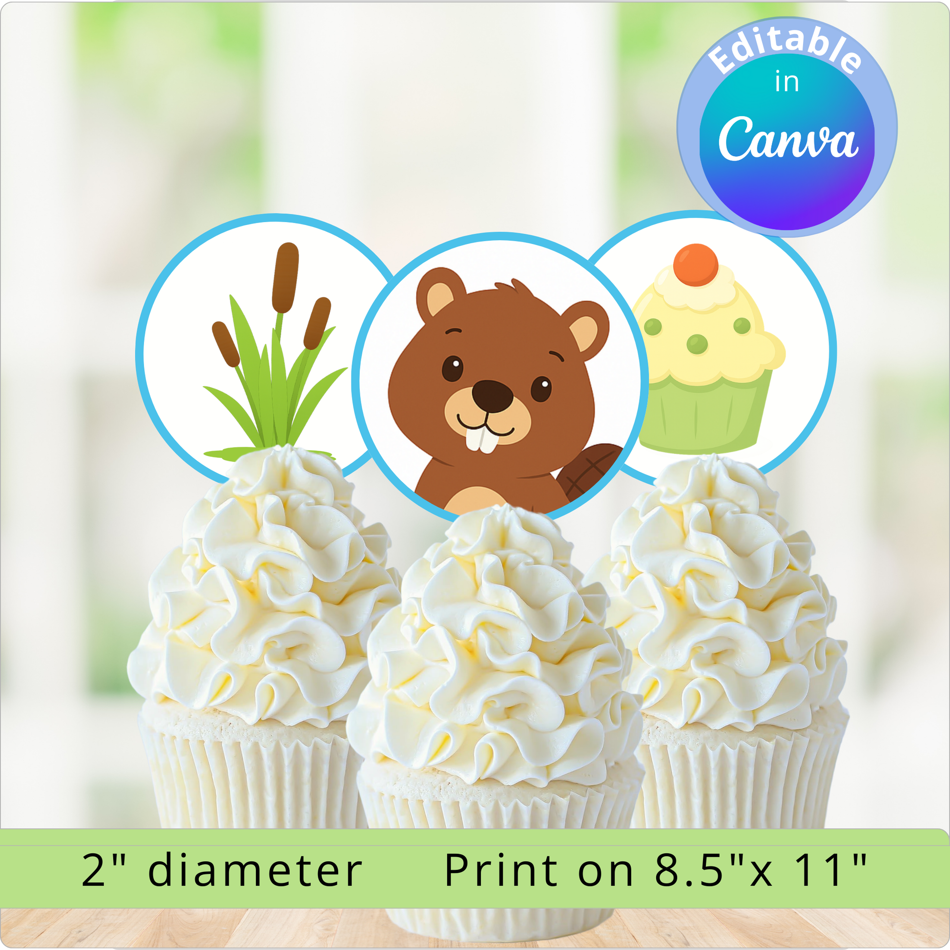 Three cupcakes with white frosting and a bear character on a label with Canva branding.