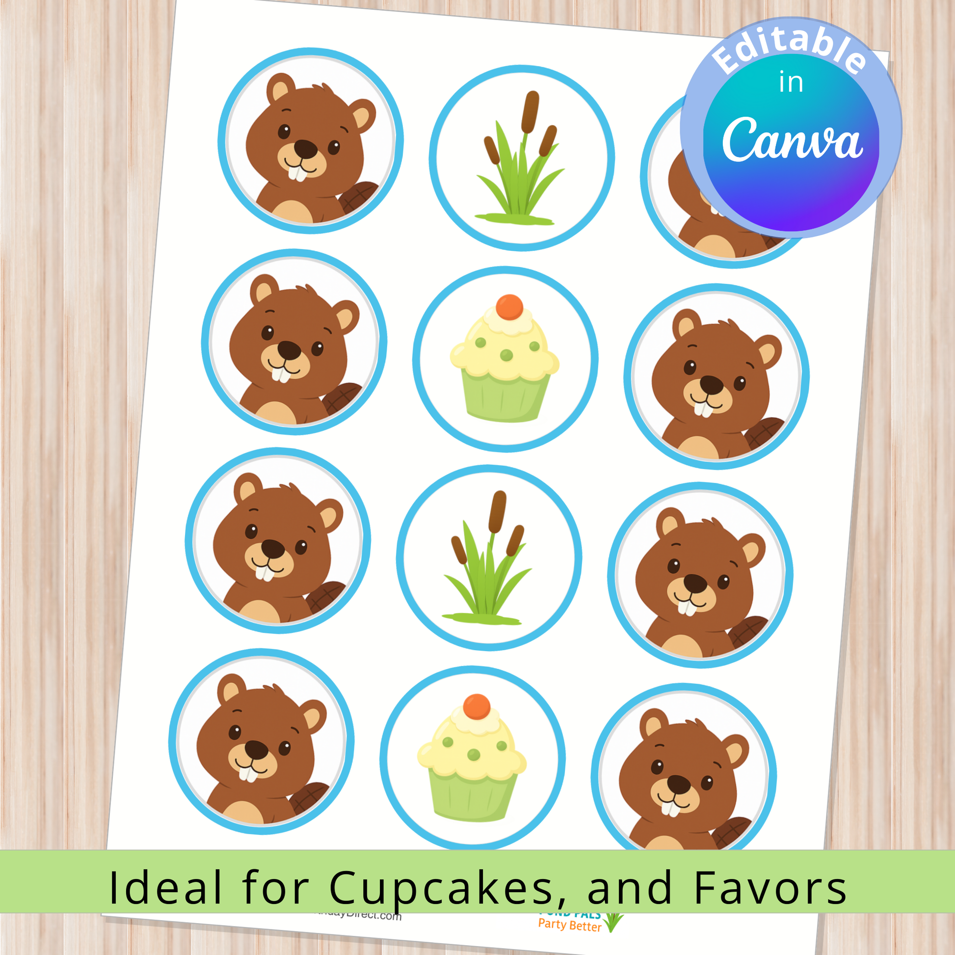 Sheet of stickers with cartoon beavers and other elements, ideal for cupcakes and favors, on a wooden surface.