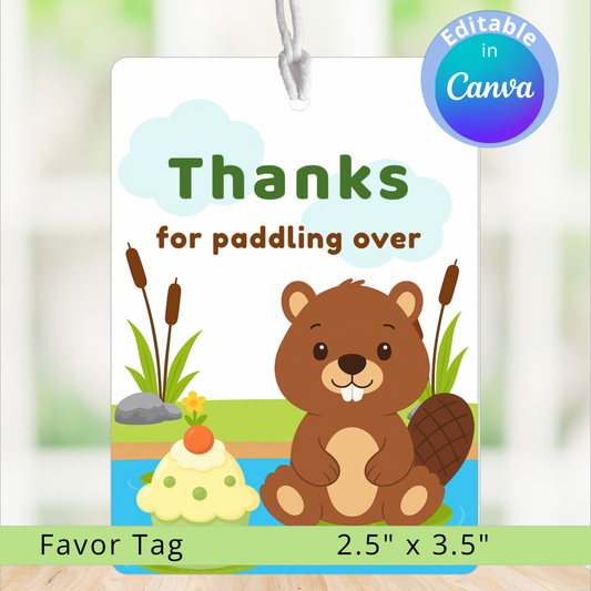 Favor tag with a cartoon beaver and text 'Thanks for paddling over' on a white background.