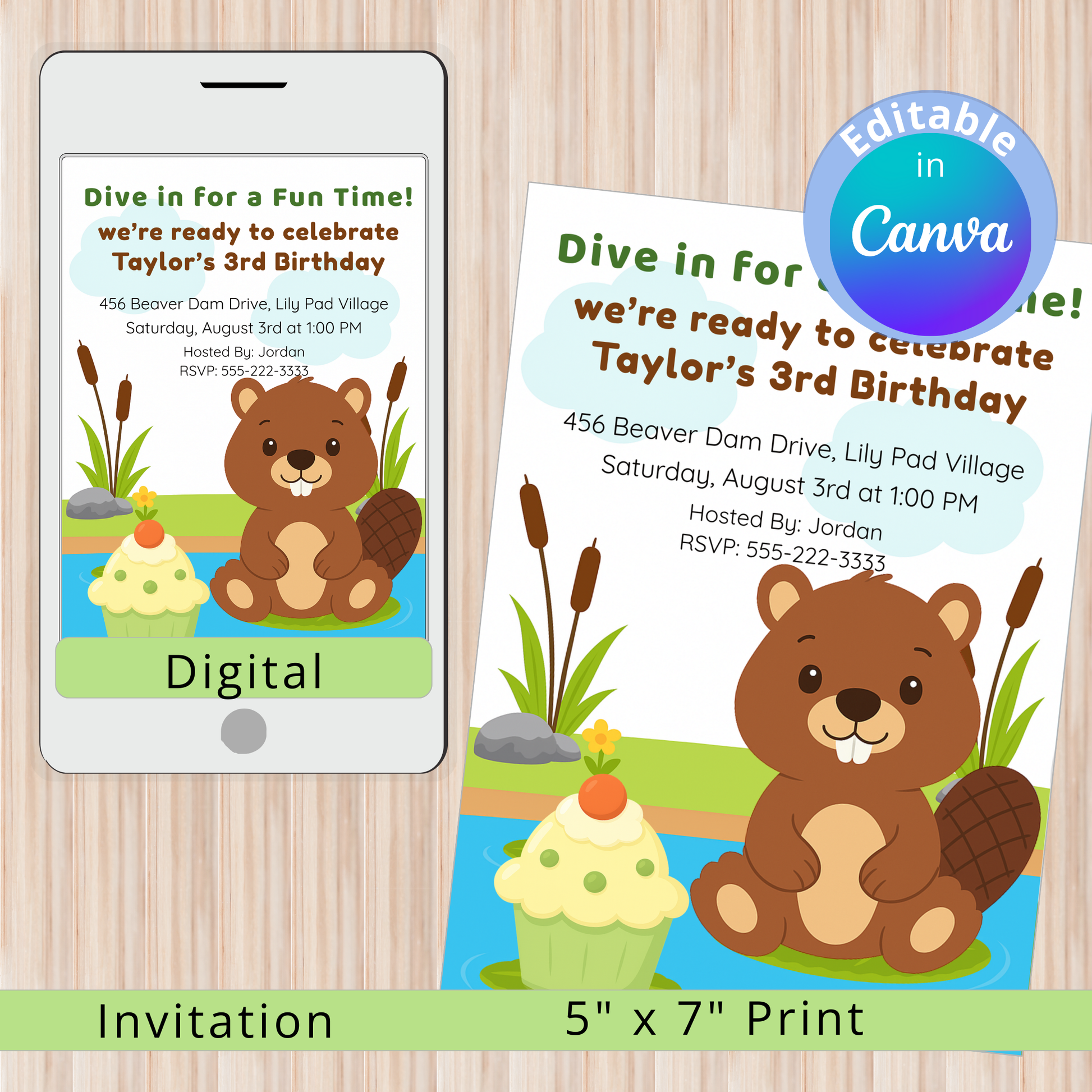 Beaver-themed birthday invitation on a phone and paper with Canva editability label.