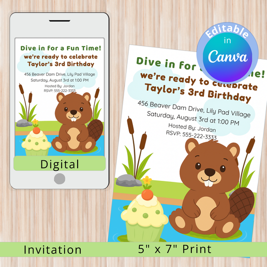 Beaver-themed birthday invitation on a phone and paper with Canva editability label.