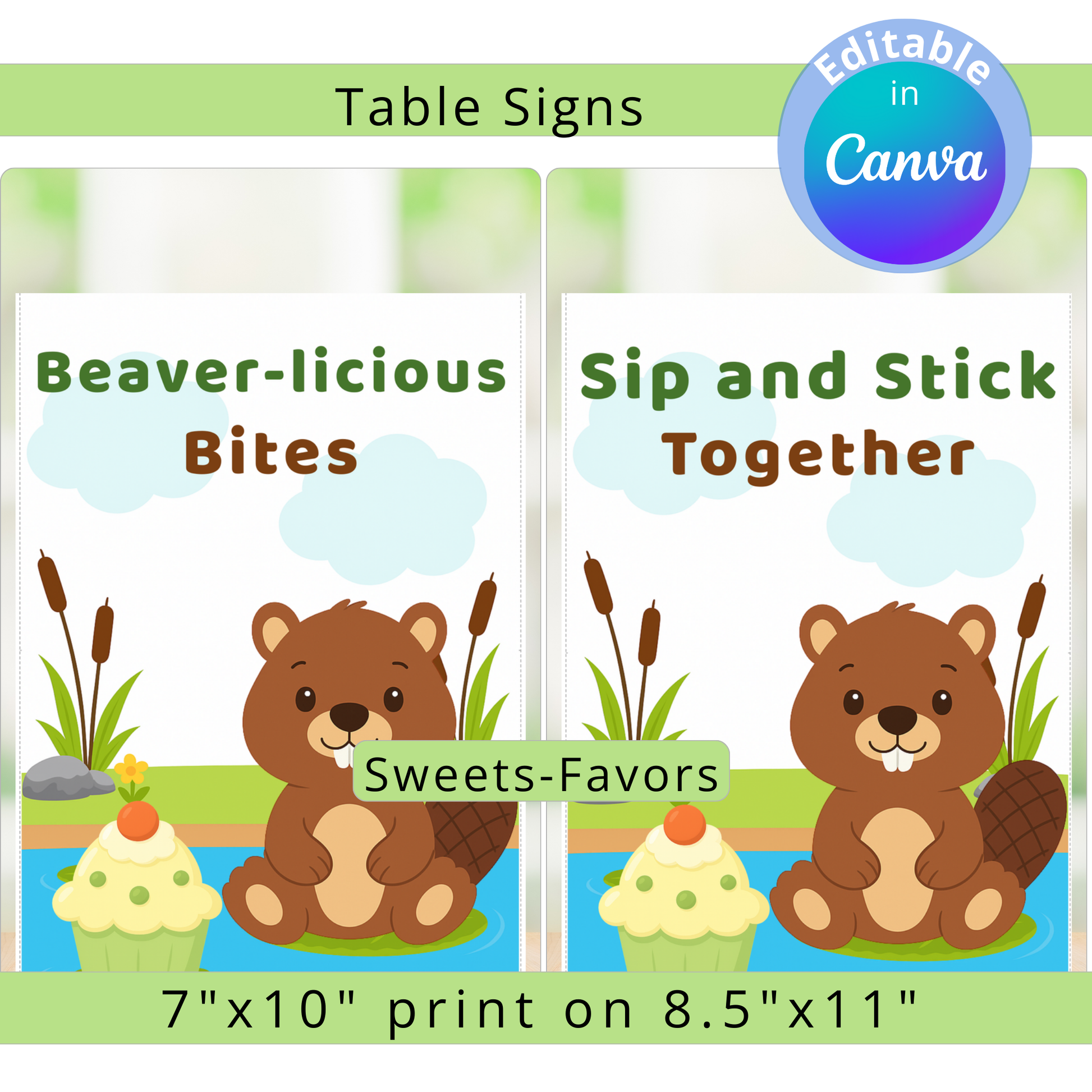 Two table signs with cartoon beavers and text, featuring the ability to edit in Canva.