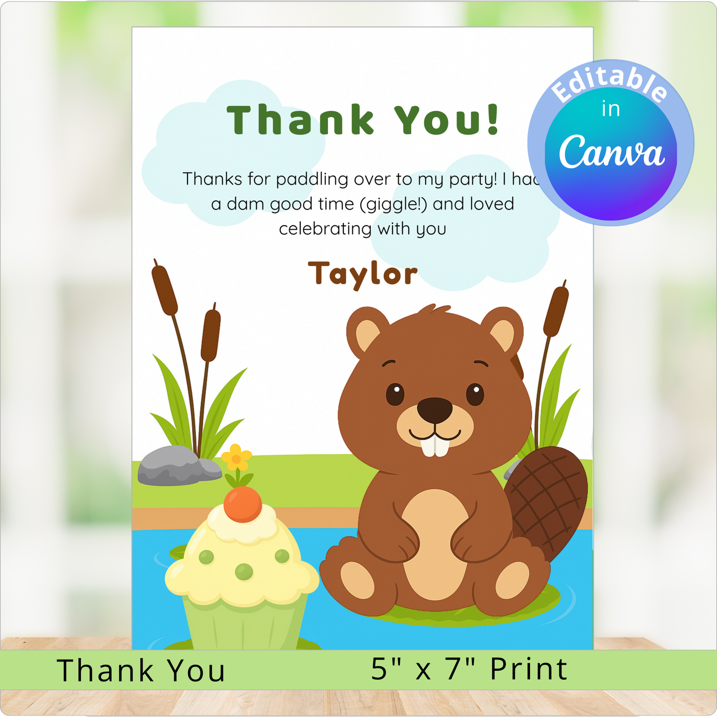 Thank you card with a cartoon beaver and text, featuring an editable feature in Canva.