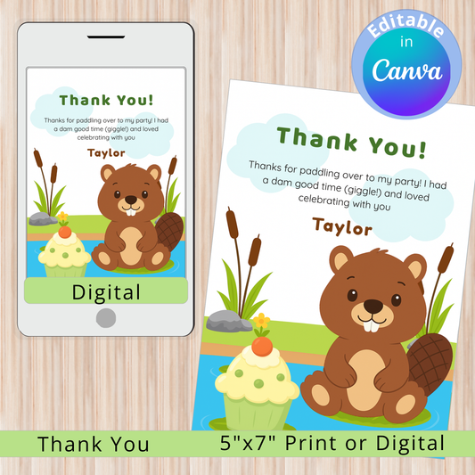 Beaver-themed thank you card with digital and print options on a wooden surface.