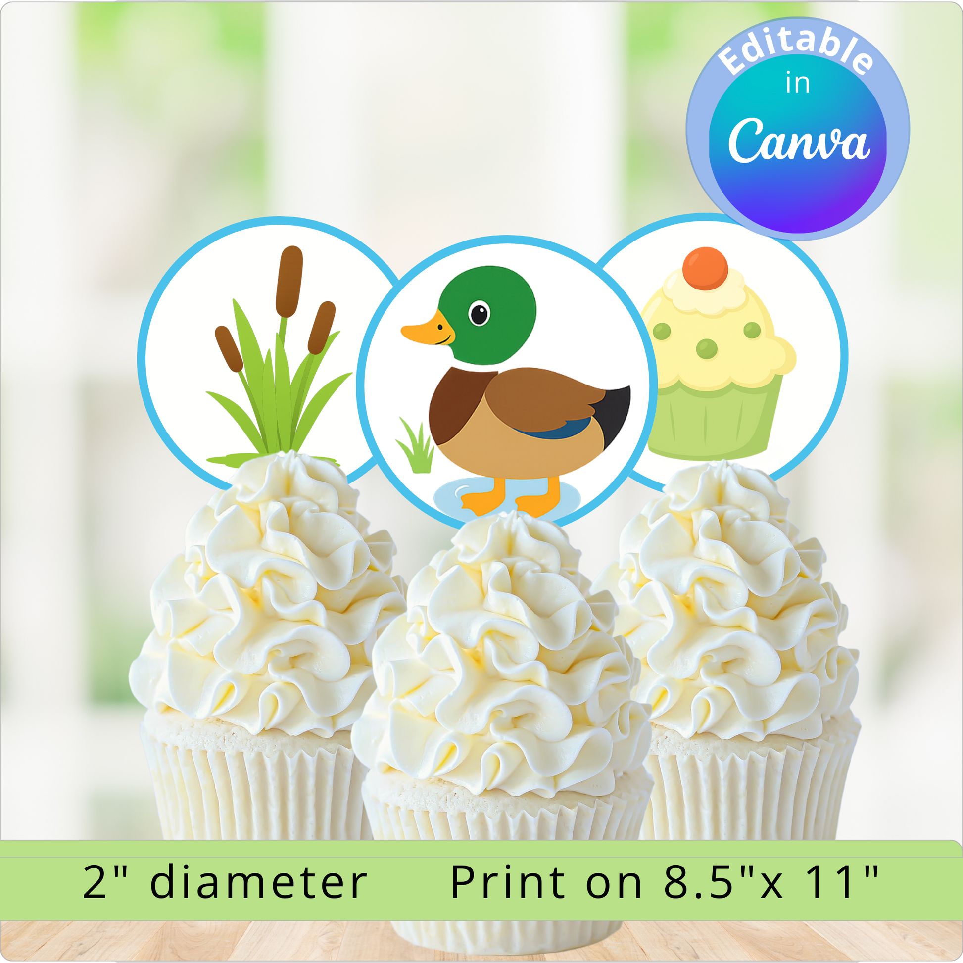 Cupcakes with white frosting and a duck decoration on a blurred background