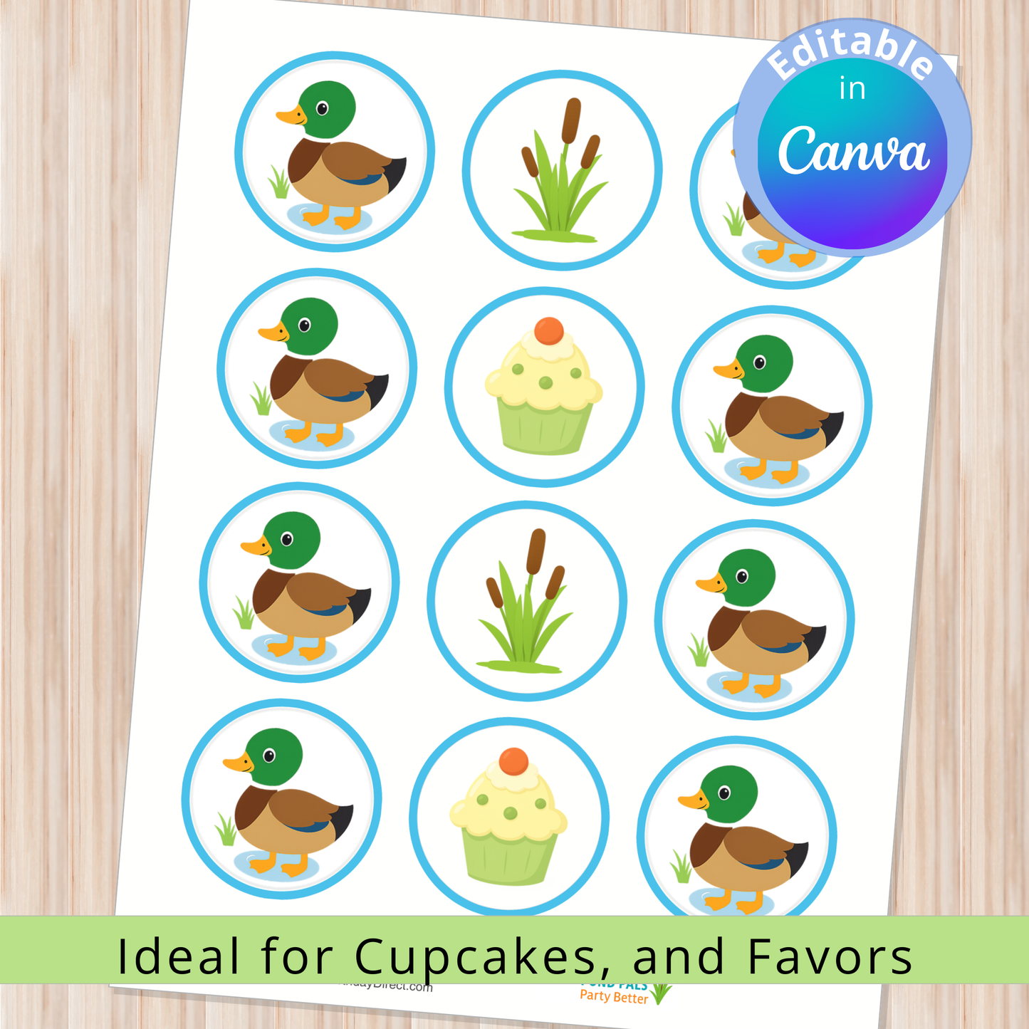 Sheet of duck stickers with cupcake and grass illustrations, suitable for cupcakes and favors, on a wooden surface.