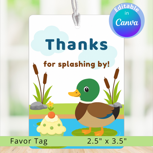 Favor tag with a duck illustration and text 'Thanks for splashing by!' on a white background.