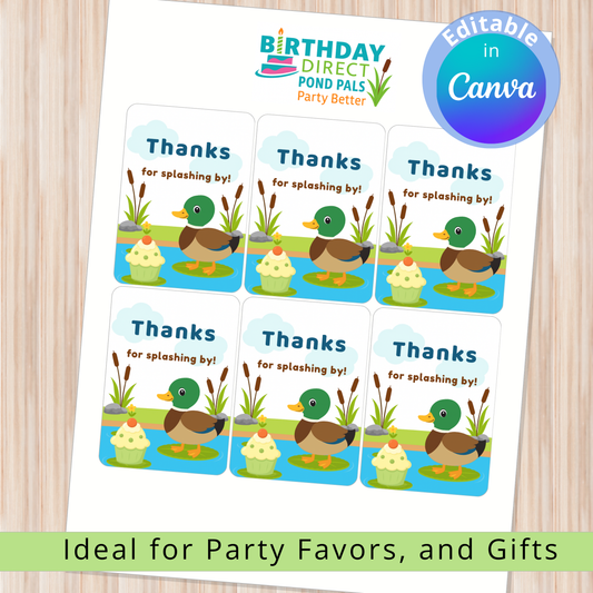Sheet of duck-themed thank you stickers with 'Birthday Direct' branding on a wooden surface.