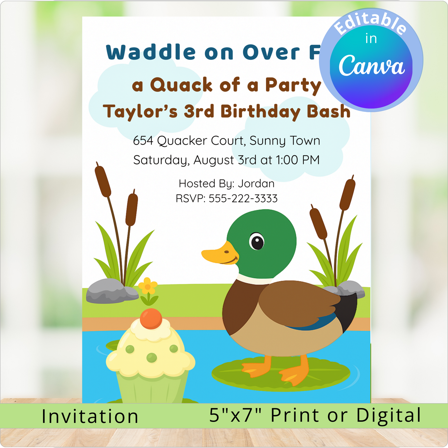 Birthday party invitation with a duck and cupcake design, featuring editable text in Canva.