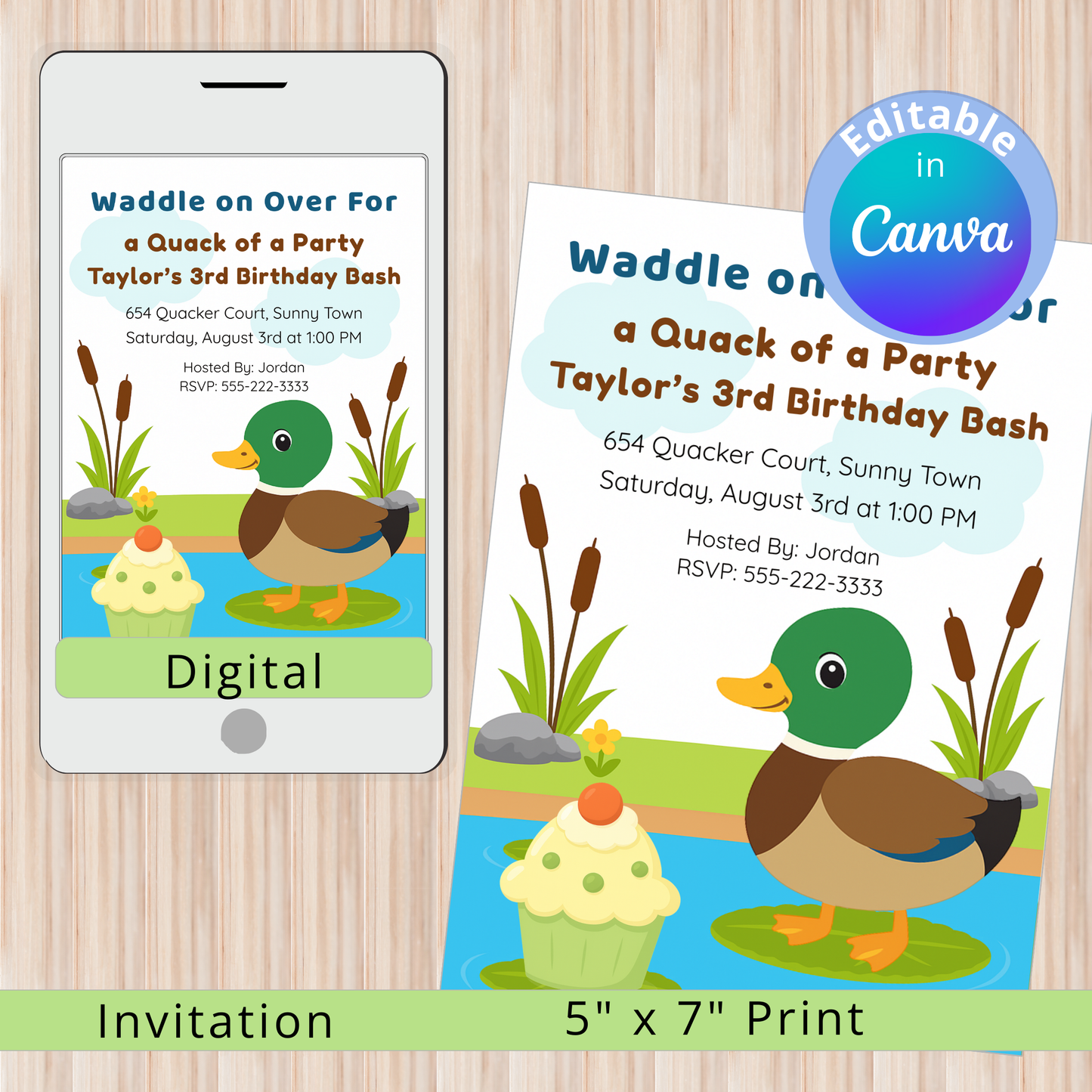 Birthday party invitation with duck and cupcake design on a wooden surface