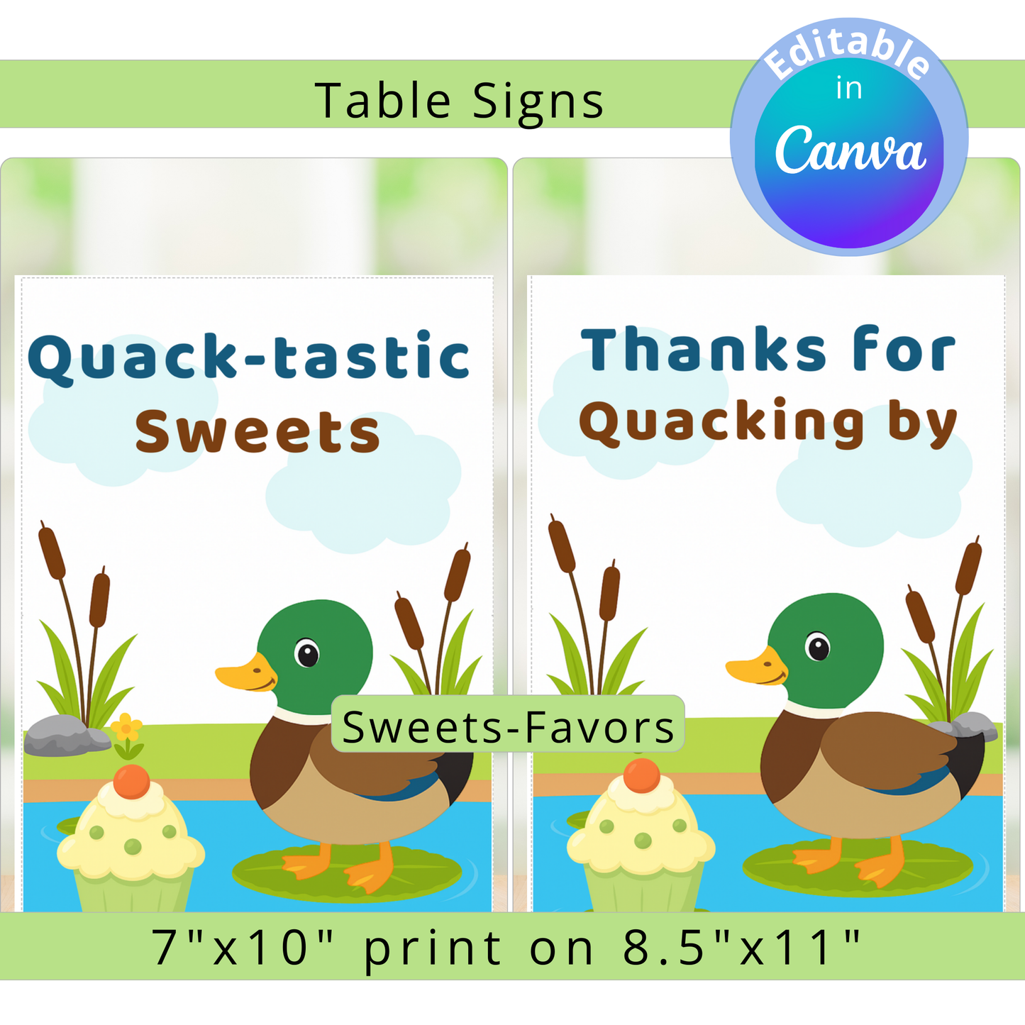 Two duck-themed table signs with text and graphics on a white background.