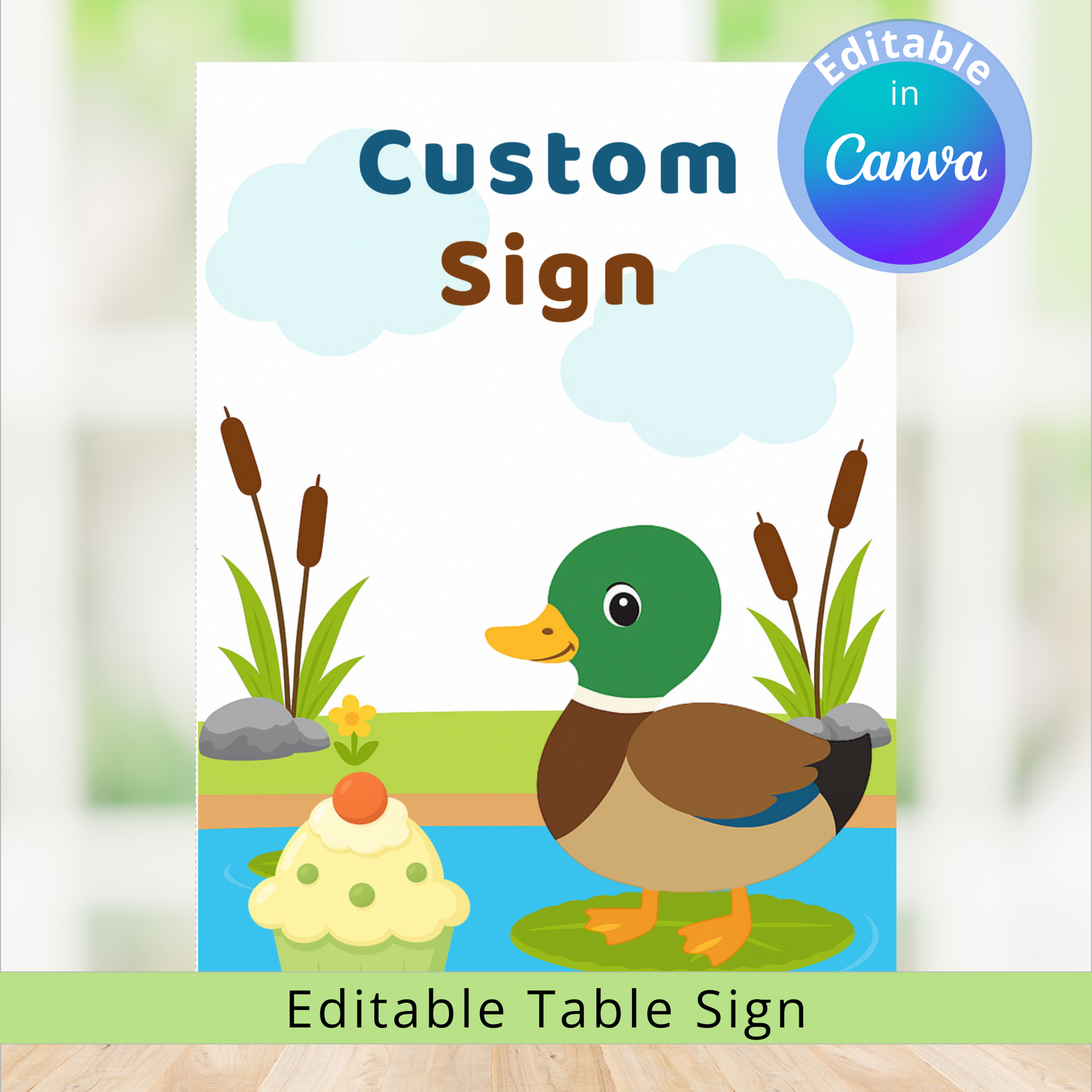 Custom sign with a duck illustration on a wooden surface