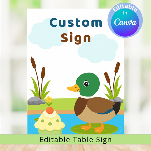 Custom sign with a duck illustration on a wooden surface