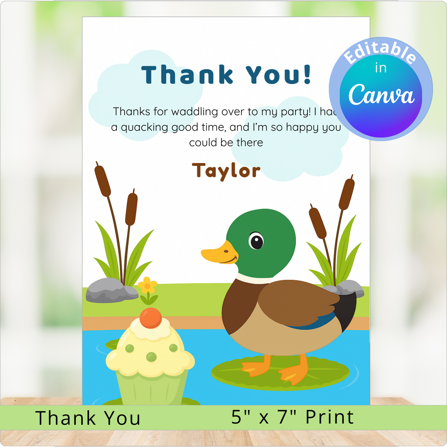 Thank you card with a duck and cupcake design, featuring editable text in Canva.