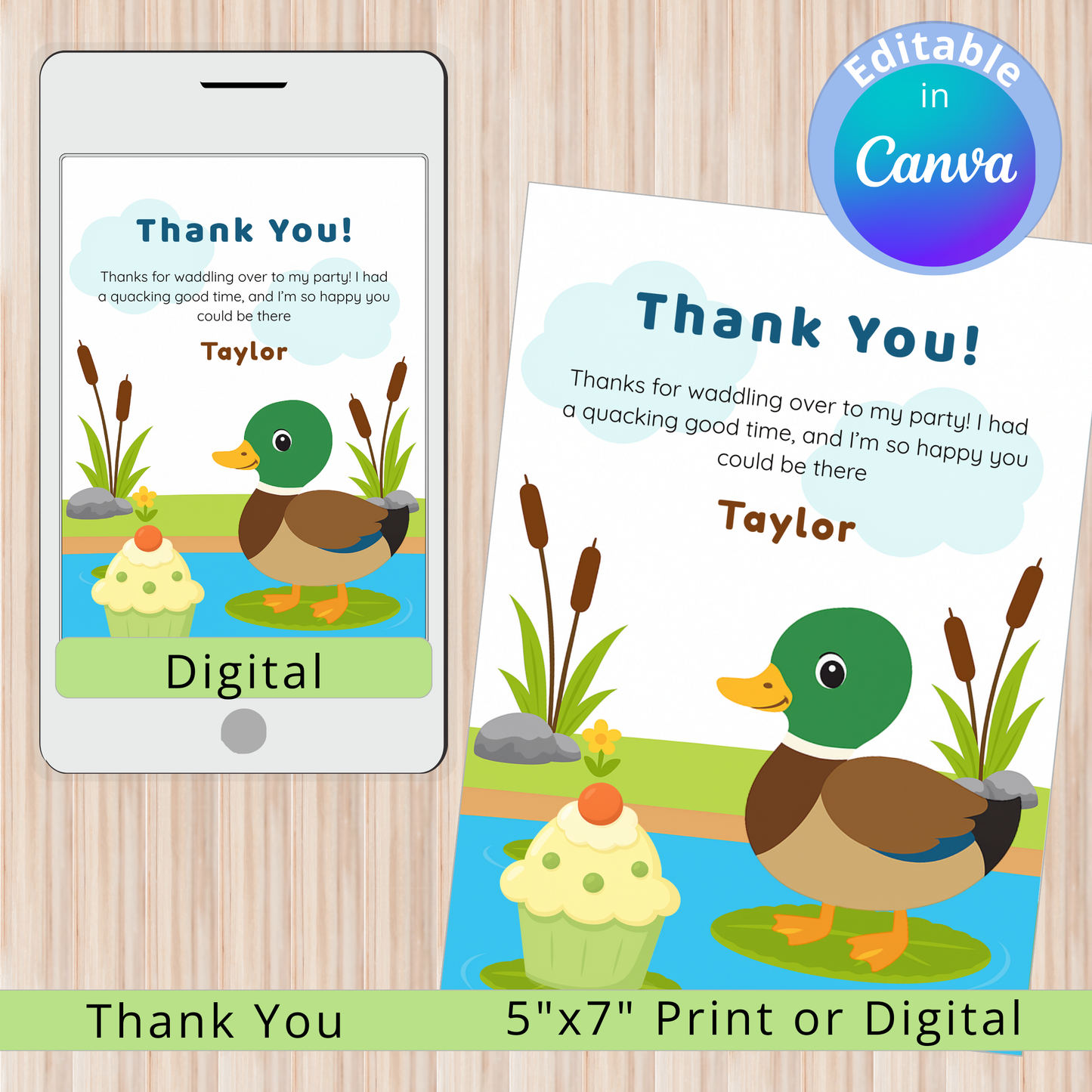 Digital and print thank you card with duck illustration on a wooden surface
