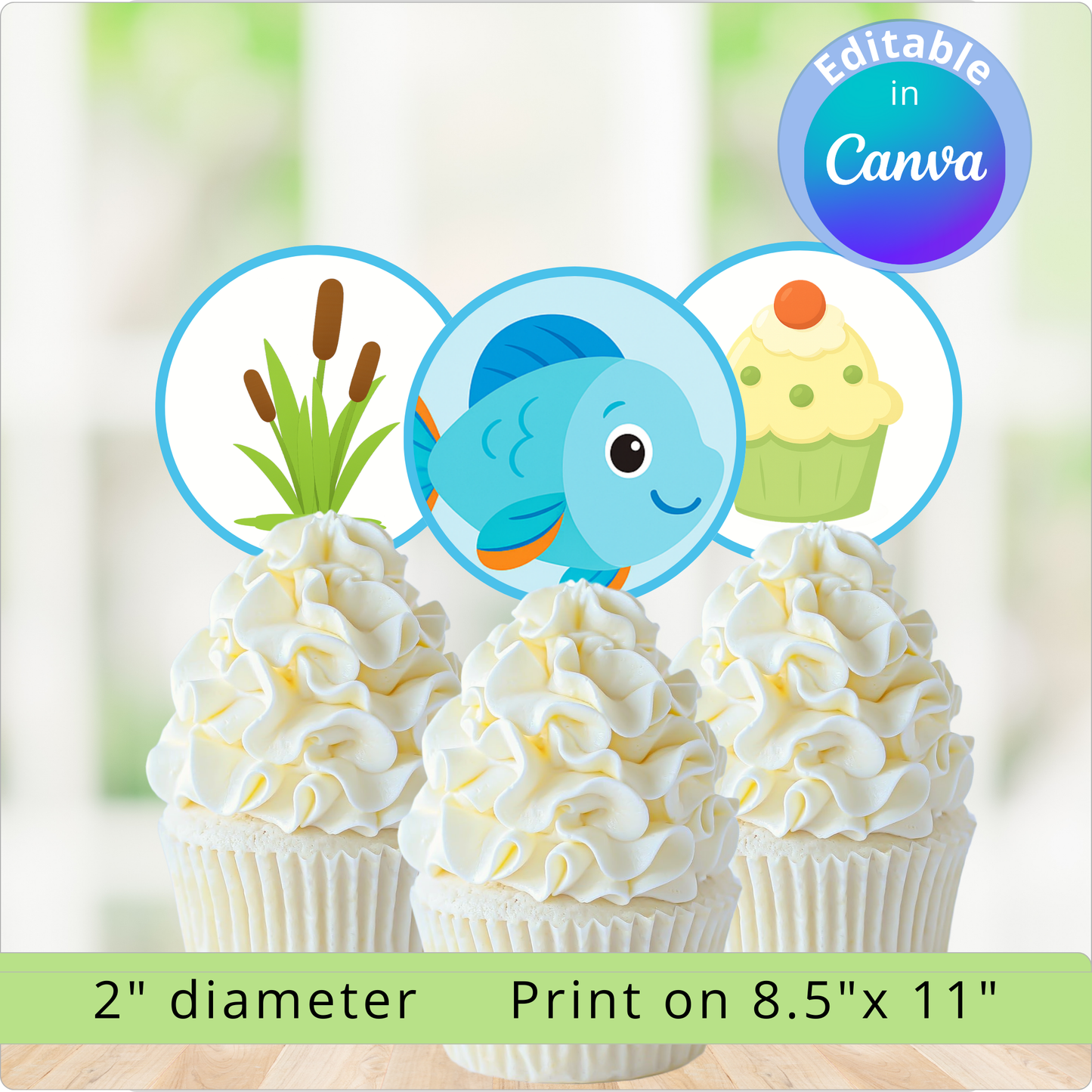 Cupcakes with decorative toppers featuring a fish, cupcake, and plant on a white background.