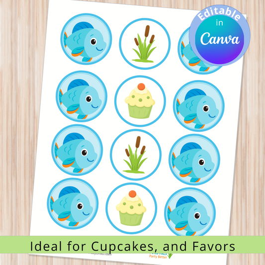 Sheet of stickers with cartoon fish, plants, and cupcakes on a white background.