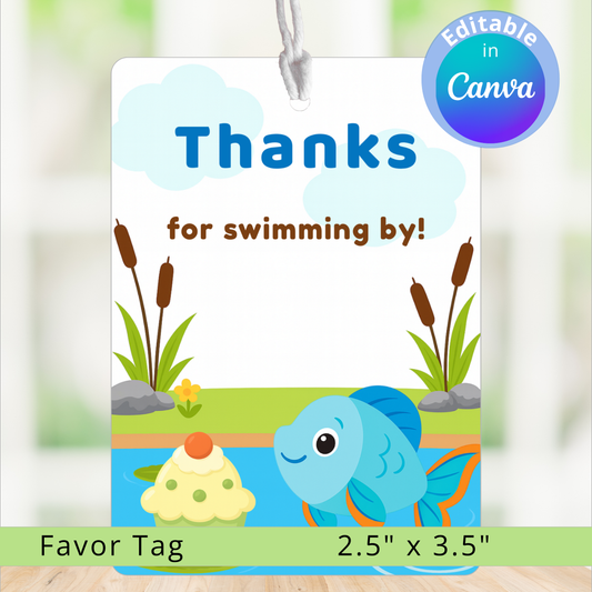 Favor tag with a fish design and text 'Thanks for swimming by!' on a blurred background.