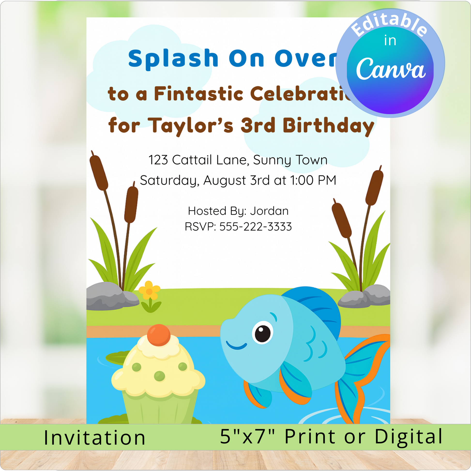 Birthday invitation with a fish and cupcake design on a white background