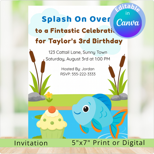 Birthday invitation with a fish and cupcake design on a white background