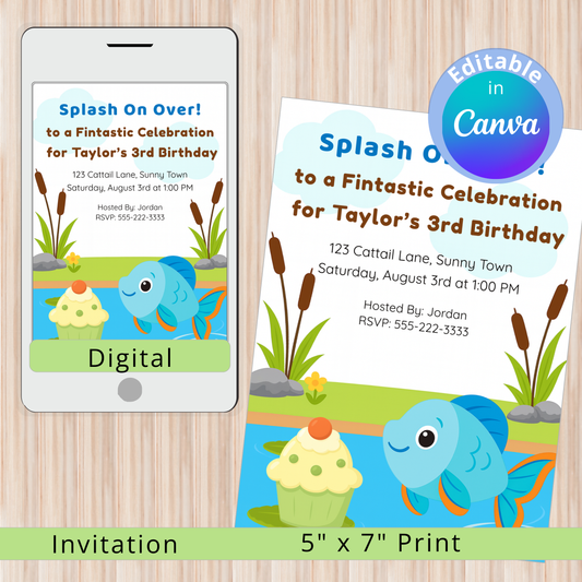 Birthday invitation with fish and cupcake design on a smartphone and paper, featuring Canva's editing capability.