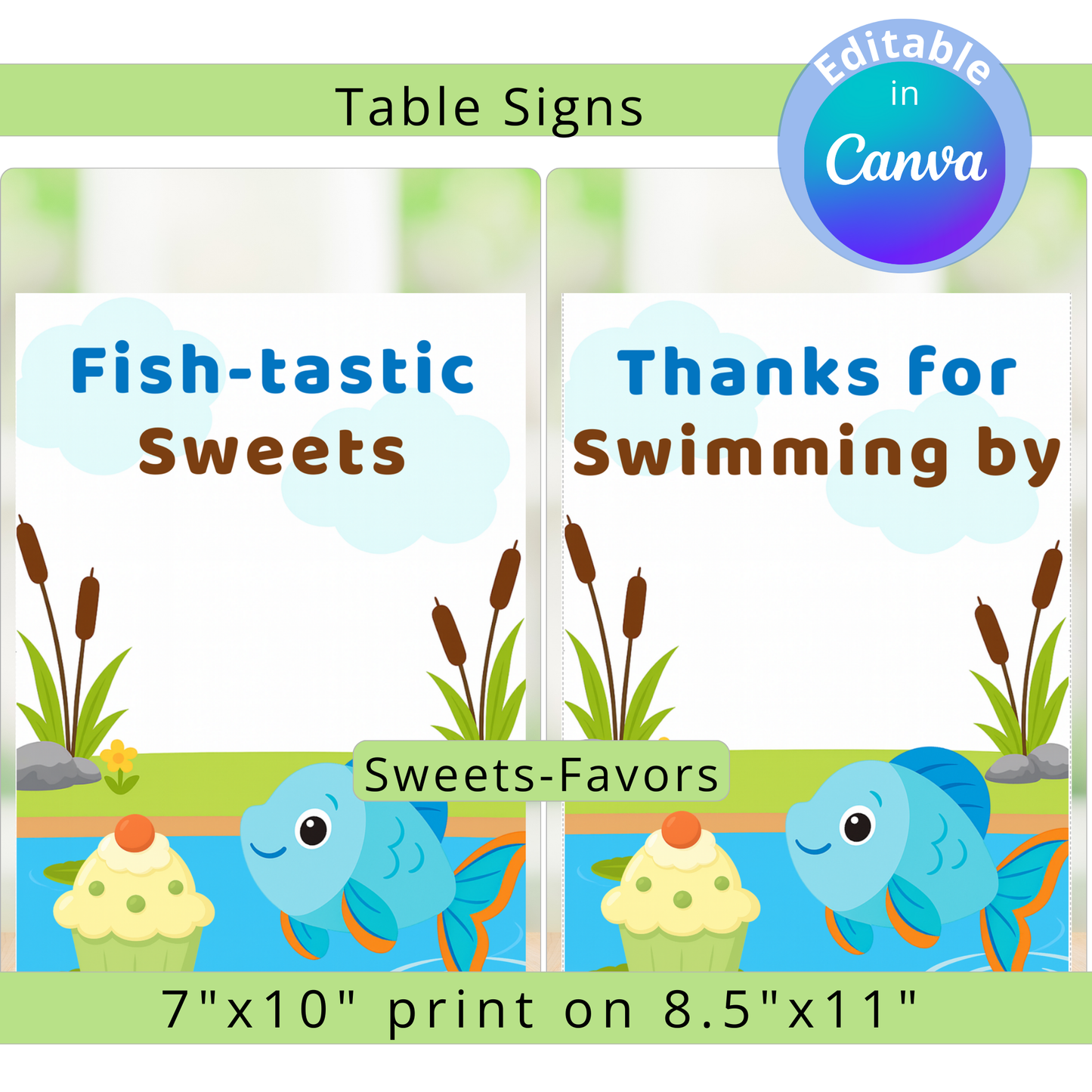 Table signs with fish illustrations and text for a pool party theme, featuring editable text in Canva.