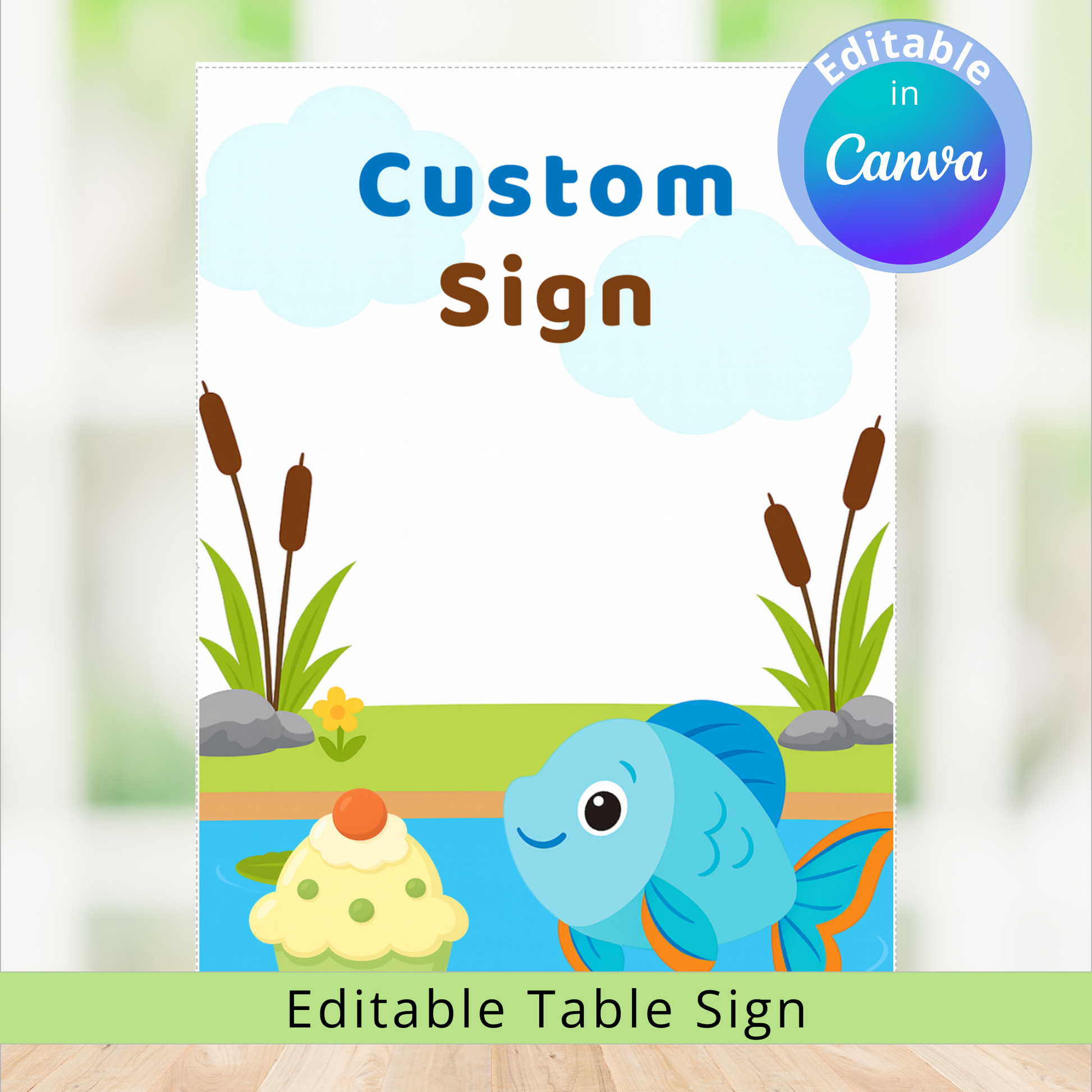 Custom sign with a fish and lily pads design, editable in Canva.