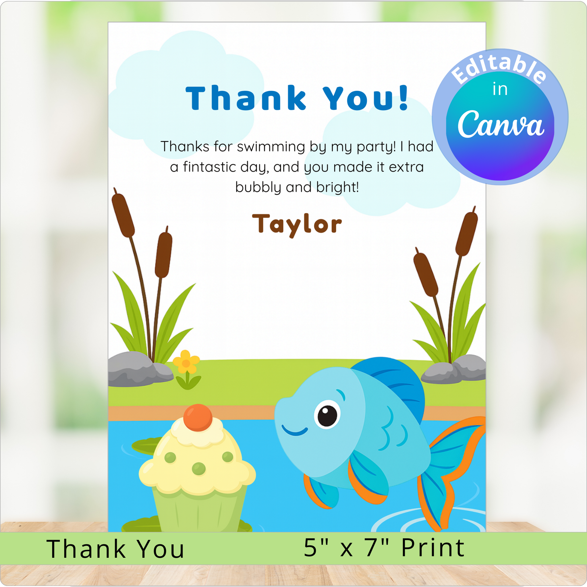 Children's party thank you card with a fish and cupcake design, featuring the text 'Thank You! Thanks for swimming by my party! I had a fintastic day, and you made it extra bubbly and bright! Taylor'.