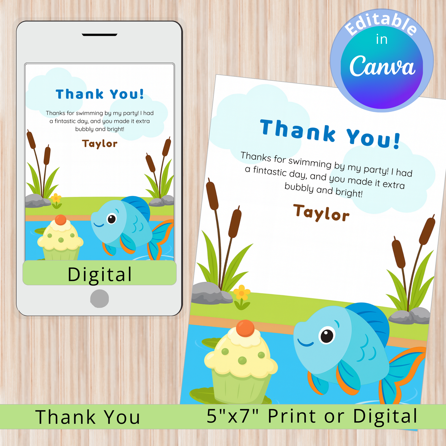 Digital and print thank you card with fish and cupcake design on a wooden surface.
