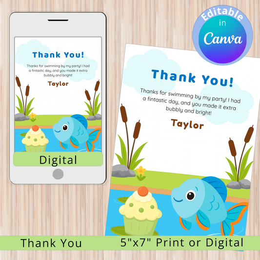 Digital and print thank you card with fish and cupcake design on a wooden surface.