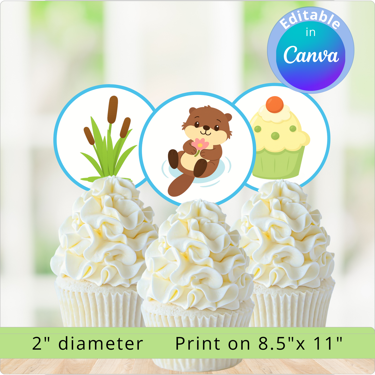 Three cupcakes with white frosting on a wooden surface, surrounded by small illustrations of nature-themed items.