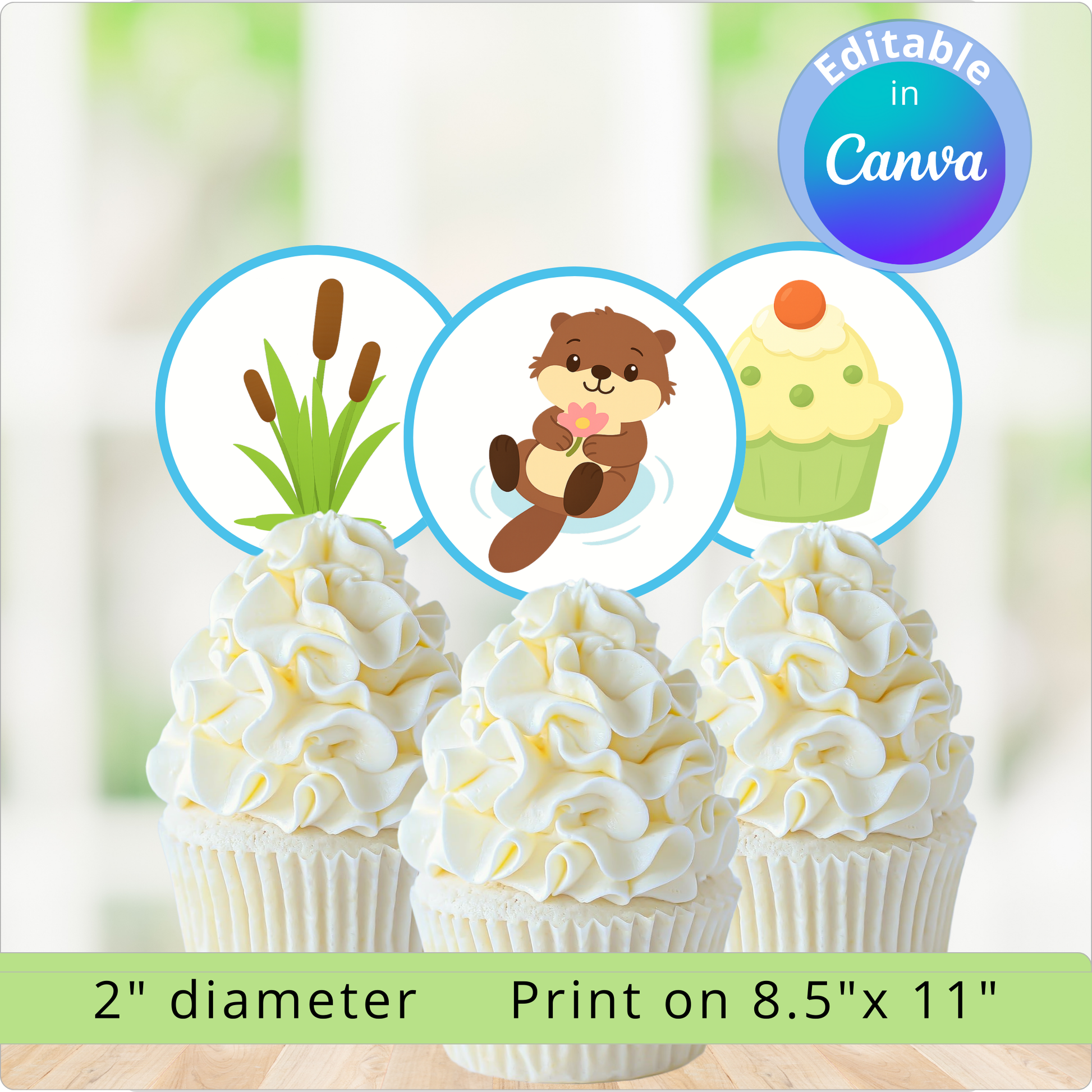 Three cupcakes with white frosting on a wooden surface, surrounded by small illustrations of nature-themed items.