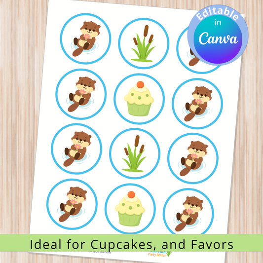 Sheet of cupcake toppers with cartoon otters and a cupcake, labeled 'Ideal for Cupcakes, and Favors', on a wooden surface.