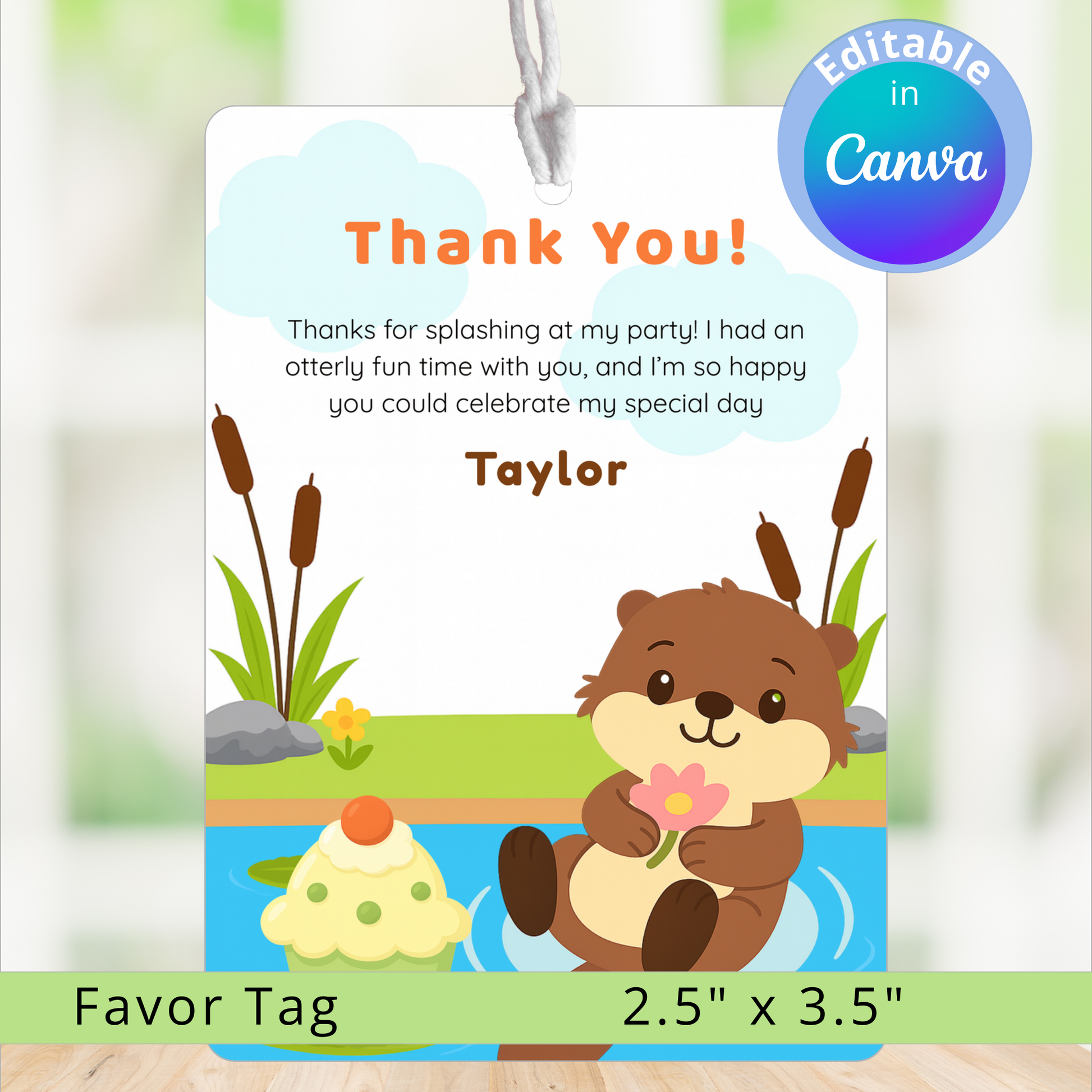 Party favor tag with cartoon beaver holding a flower, text 'Thank You!' and 'Taylor', with a blurred background.