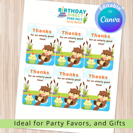Sheet of party favor tags with cartoon otters and text, suitable for birthday parties.