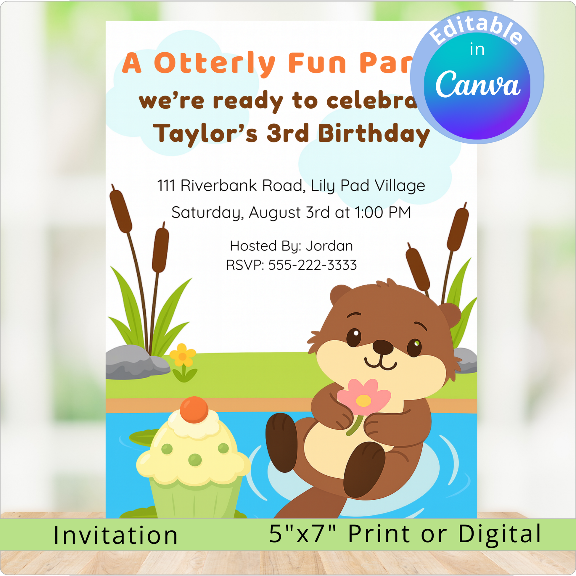 Birthday invitation with an otter holding a flower and a cupcake, set against a background of water and reeds.