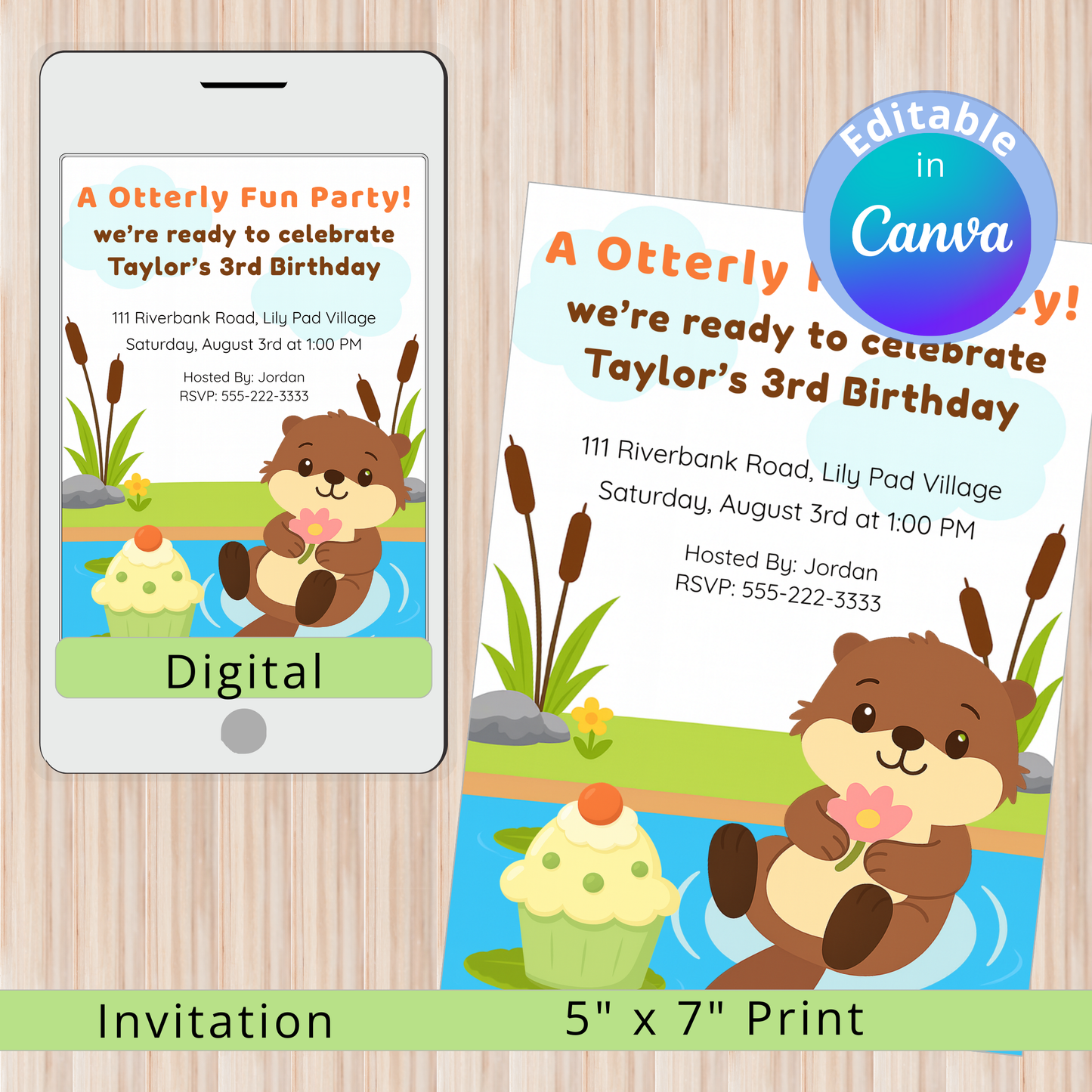 Birthday invitation with otter design on a wooden surface, featuring digital and print options.