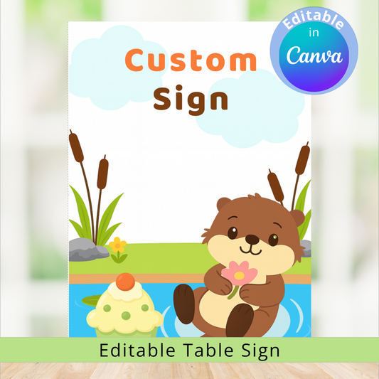 Custom sign with a cartoon beaver holding a flower, surrounded by cattails and a lily pad, on a white background.