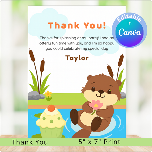Thank you card with cartoon otter holding a flower, surrounded by nature elements, on a blurred background.