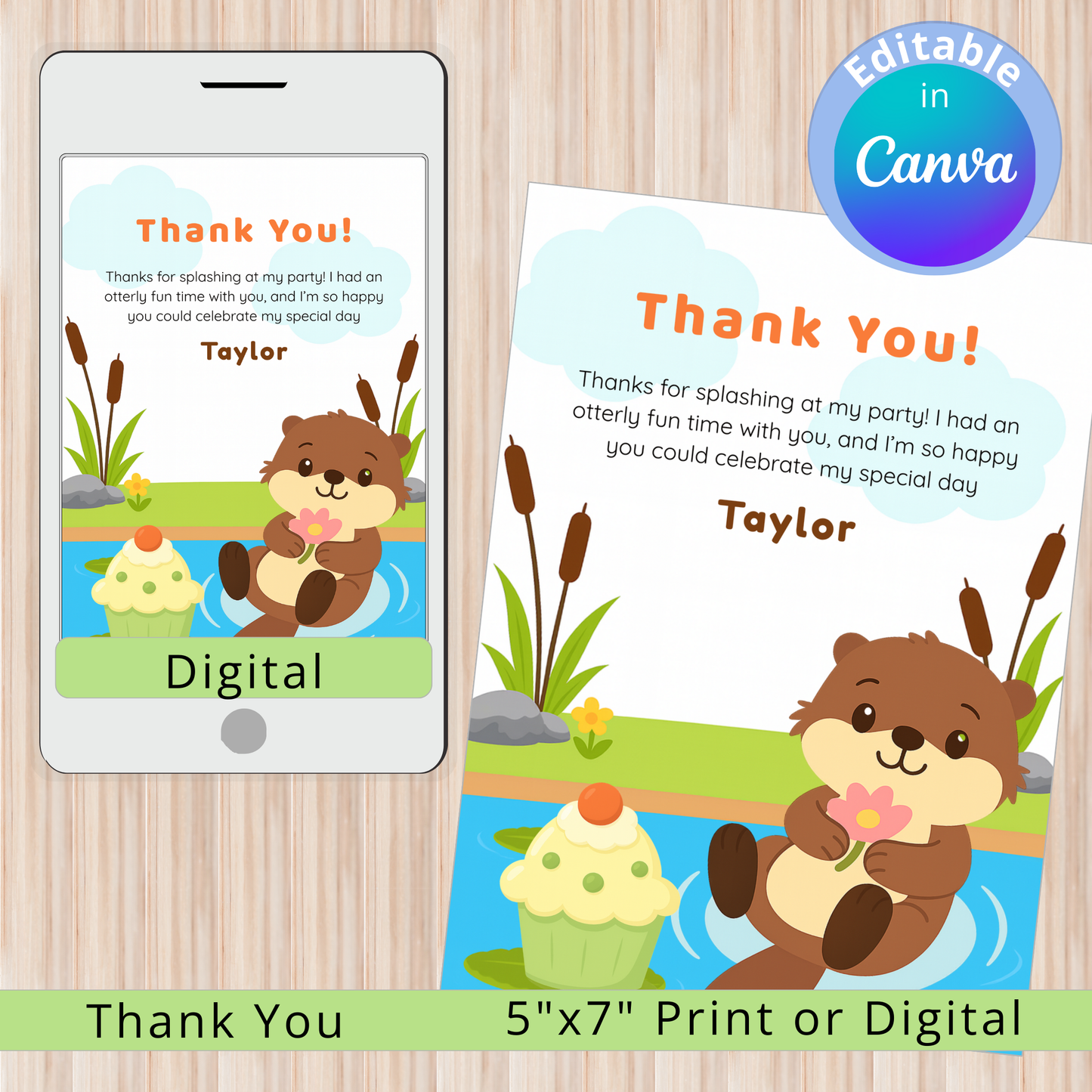 Digital and print thank you card with a bear and cupcake design on a wooden surface.