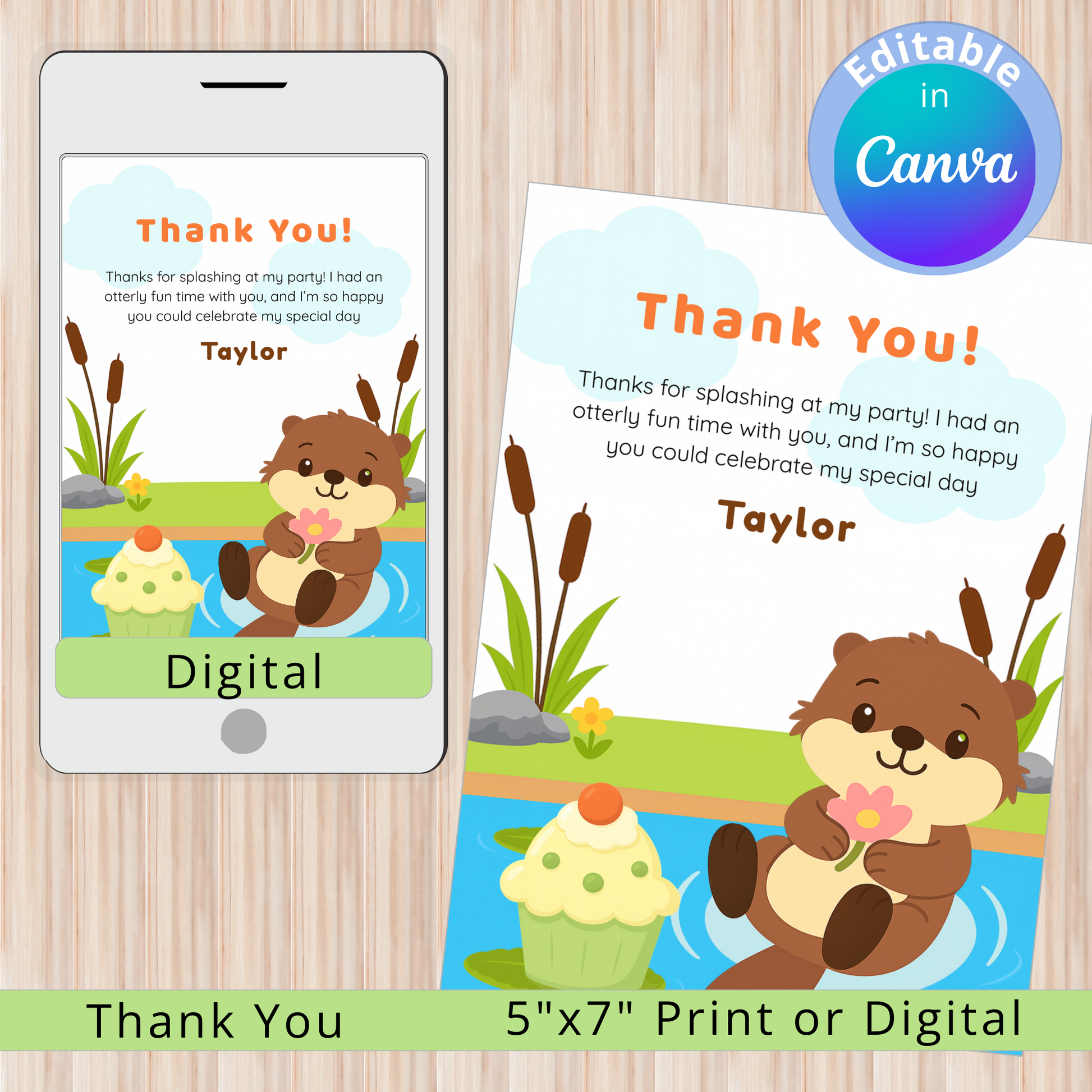 Digital and print thank you card with a bear and cupcake design on a wooden surface.
