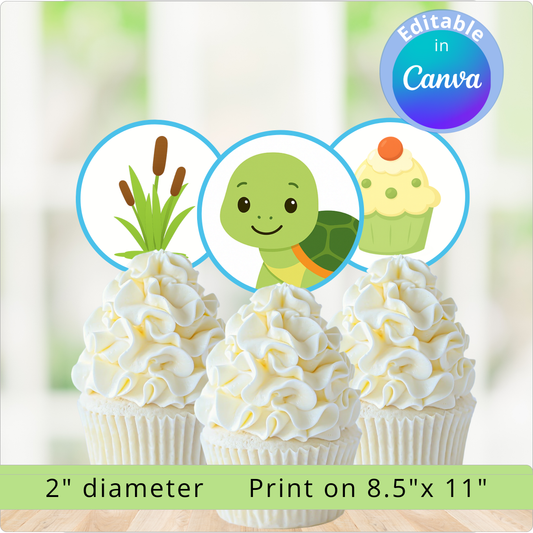 Three cupcakes with white frosting and a turtle topper on a wooden surface.